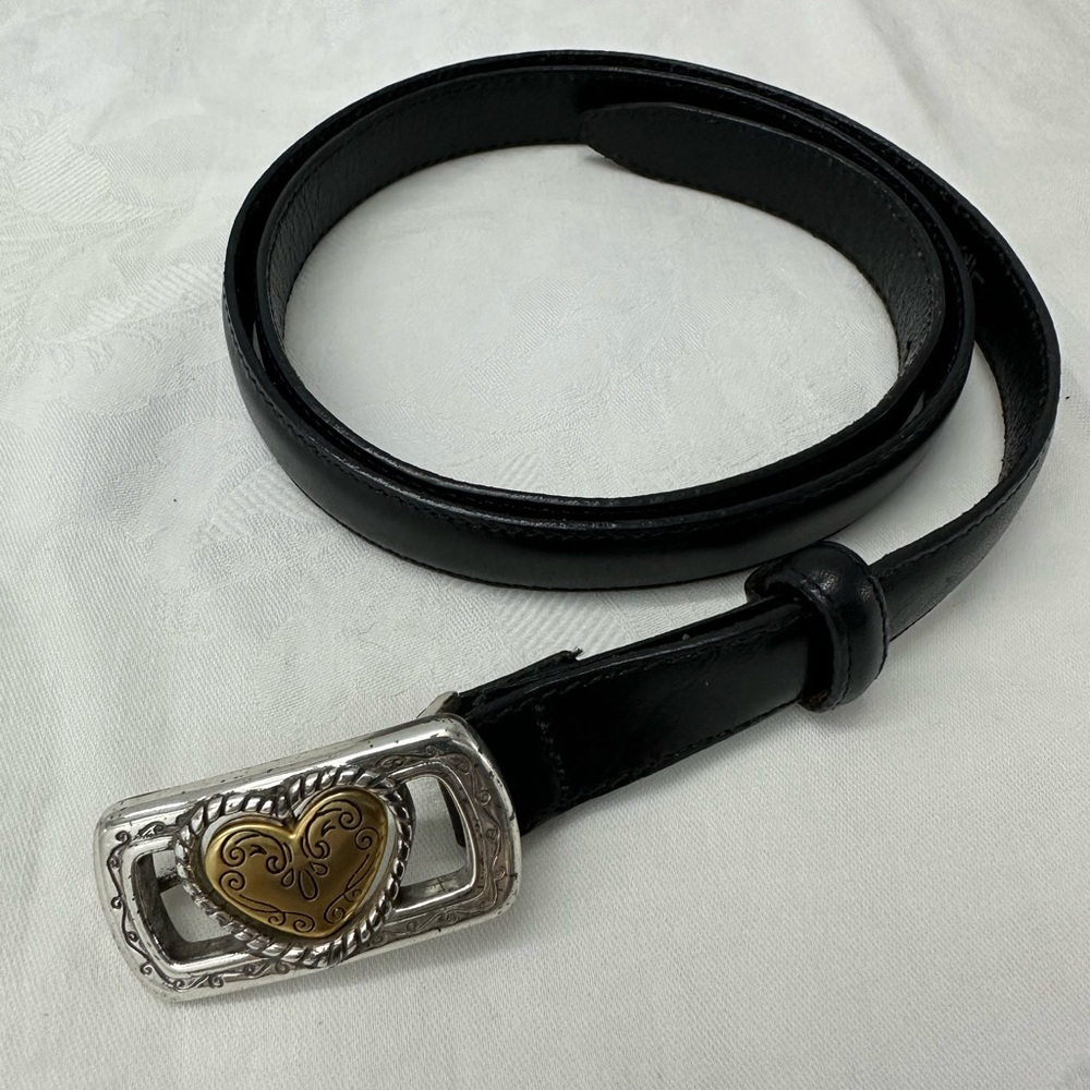 BRIGHTON Black Leather Belt with Silver Clasp & Reversible Heart Insert - size L